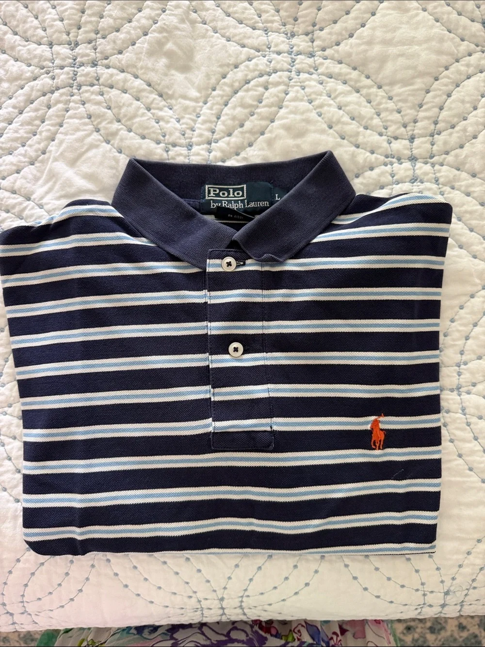Polo by Ralph Lauren Men’s Navy Stripe Polo Shirt with Orange Pony Mens L Pima